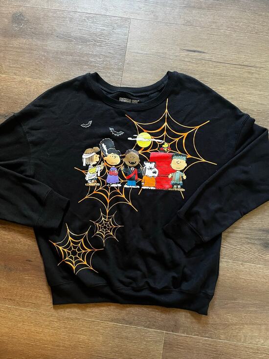 Peanuts Sweaters - Peanuts Halloween Sweatshirt S Snoopy Charlie Brown Spiderweb Black Orange